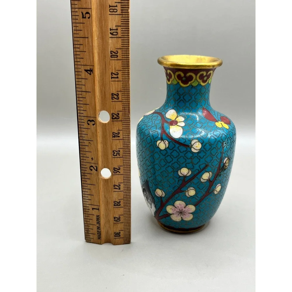 Vtg Chinese Cloisonne Enamel Miniature Vase Turquoise Cherry Blossom 4